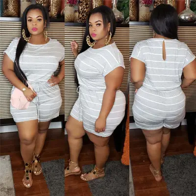 XL-5XL Women Plus Size Casual Sexy Stripe Print Rompers