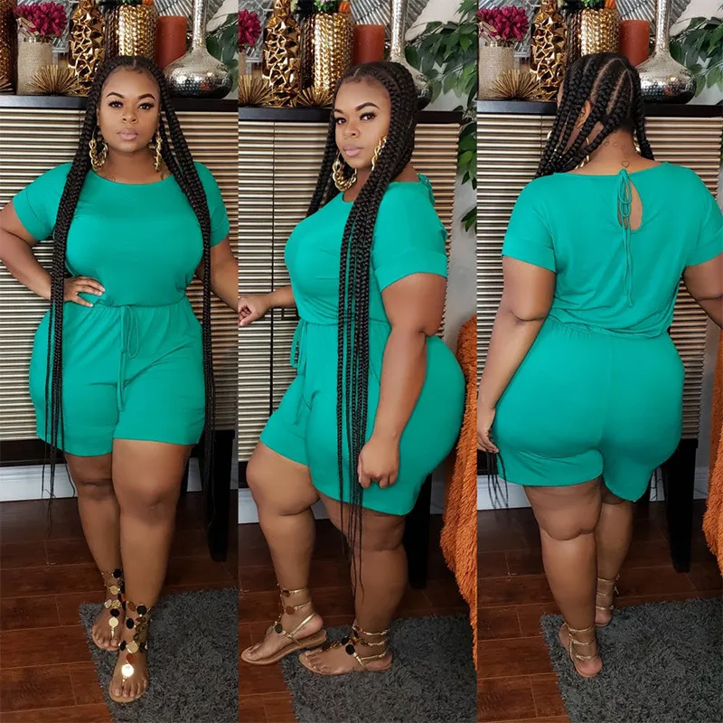 S-5XL Women Plus Size Casual Drawstring Waist Solid Color Rompers