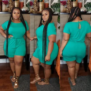 S-5XL Women Plus Size Casual Drawstring Waist Solid Color Rompers