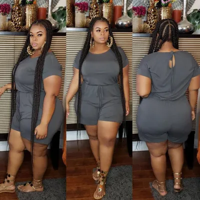S-5XL Women Plus Size Casual Drawstring Waist Solid Color Rompers