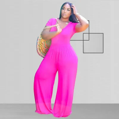 XL-5XL Women Plus Size Solid Color Wide Leg Jumpsuits