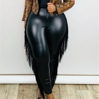 XL-5XL Women Plus Size Solid Color Tassel Pants