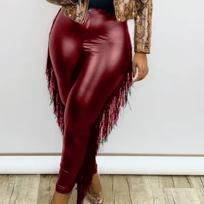 XL-5XL Women Plus Size Solid Color Tassel Pants