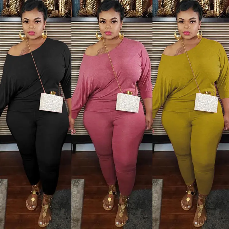 XL-5XL Women Casual Plus Size Solid Color Long Sleeve Top And Pants Two Piece Set