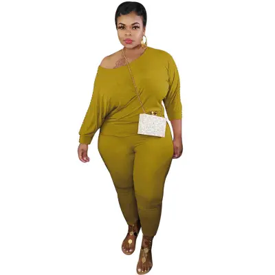 XL-5XL Women Casual Plus Size Solid Color Long Sleeve Top And Pants Two Piece Set