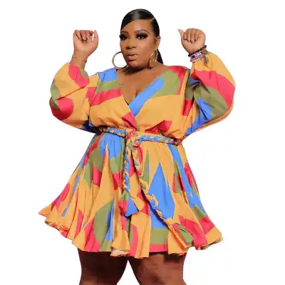 2XL-5XL Women Plus Size Deep V Neck Geometric Print Long Sleeve Swing Dress