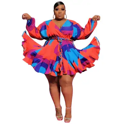 2XL-5XL Women Plus Size Deep V Neck Geometric Print Long Sleeve Swing Dress