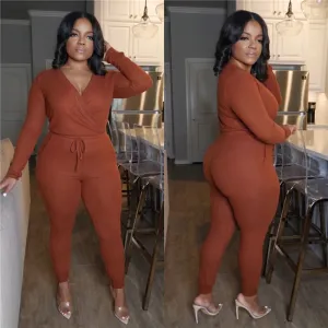 L-4XL Women V-Neck Solid Color Polyester Jumpsuits