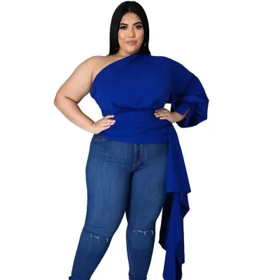 XL-5XL Women Plus Size Solid Color Oblique Shoulder Top