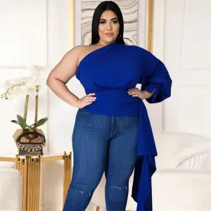 XL-5XL Women Plus Size Solid Color Oblique Shoulder Top