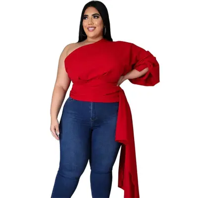 XL-5XL Women Plus Size Solid Color Oblique Shoulder Top