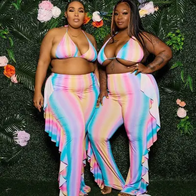 XL-4XL Plus Size Women Sexy Cut Out Camis Ruffled Wide Leg Trousers Two-Piece Set