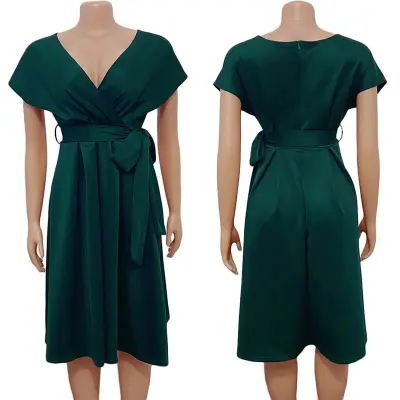 S-3XL Women Plus Size Off-Shoulder V Neck Bow Knotted Midi Dress