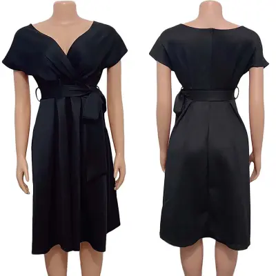 S-3XL Women Plus Size Off-Shoulder V Neck Bow Knotted Midi Dress