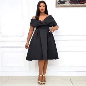 S-3XL Women Plus Size Off-Shoulder V Neck Bow Knotted Midi Dress