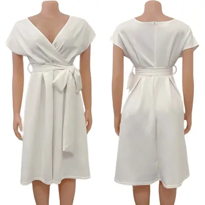 S-3XL Women Plus Size Off-Shoulder V Neck Bow Knotted Midi Dress