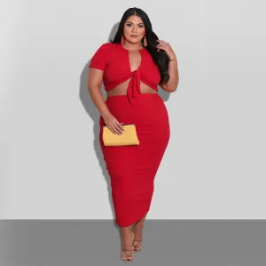 XL-5XL Women Plus Size Knotted Top And Skirt Two Pieces Set - Plaid Pattern, Sexy Style, Polyester