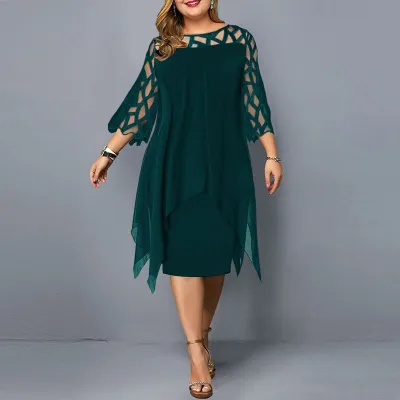 L-6XL Women Plus Size Elegant Casual Solid Color Hollow Lace Communting Dating Midi Dress