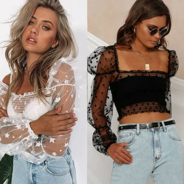 S-XL Women Sexy Star Dot Print See-through Mesh Crop Top