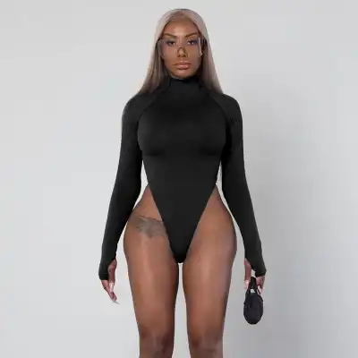 S-L Women Fashion Solid Color Crew Neck Long Sleeve Bodysuit