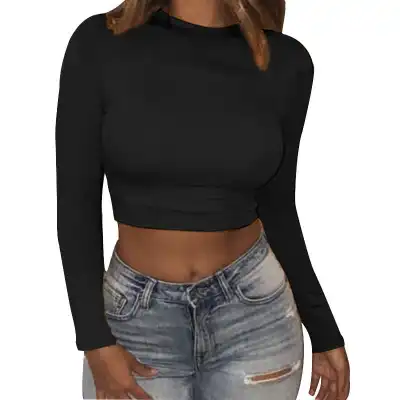 S-XXL Women Fashion Mock Neck Solid Color Long Sleeve Crop Top T-shirt