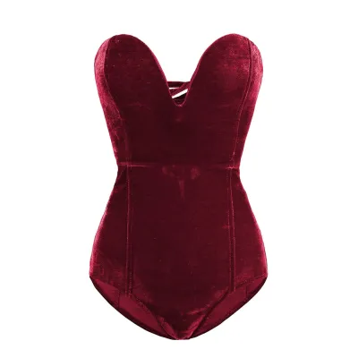 S-XL Women Sexy Strapless Lace Up Velvet Bodysuit