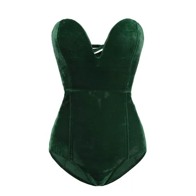 S-XL Women Sexy Strapless Lace Up Velvet Bodysuit