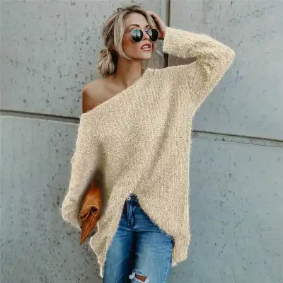 S-5XL Women Fashion Cool Shoulder Plush Long Sleeve Loose Pullover Knitwear