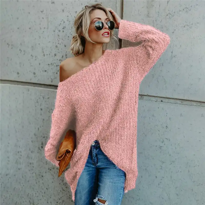 S-5XL Women Fashion Cool Shoulder Plush Long Sleeve Loose Pullover Knitwear