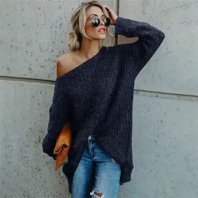 S-5XL Women Fashion Cool Shoulder Plush Long Sleeve Loose Pullover Knitwear