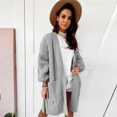 Women's Winter Long Sleeve Side Slit Braid-Knitted Cardigan Coat