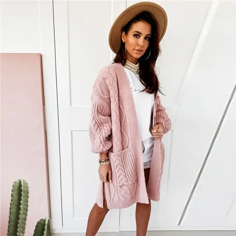 Women's Winter Long Sleeve Side Slit Braid-Knitted Cardigan Coat