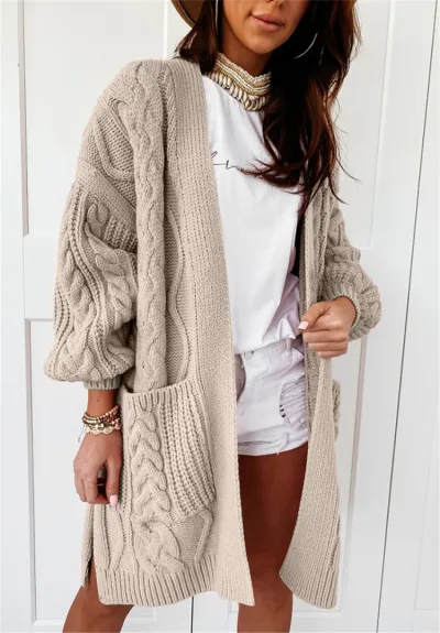 Women's Winter Long Sleeve Side Slit Braid-Knitted Cardigan Coat
