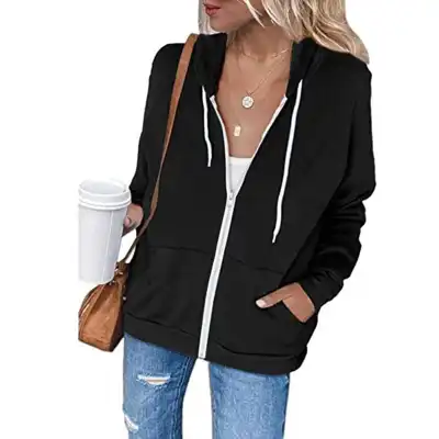 S-XXL Women Casual Solid Color Zip-Up Hoodie