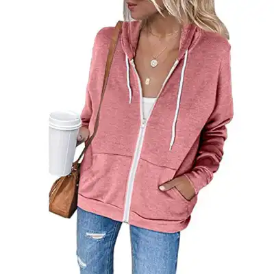 S-XXL Women Casual Solid Color Zip-Up Hoodie
