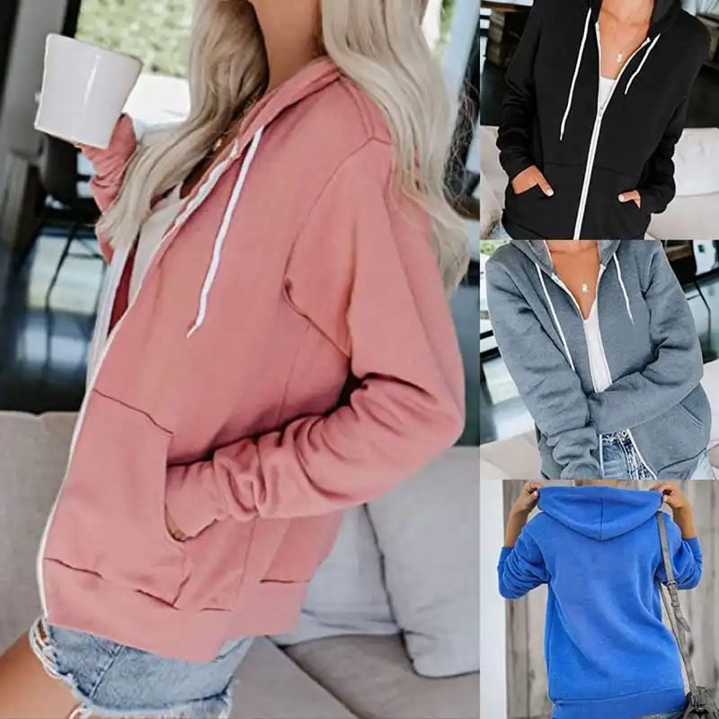 S-XXL Women Casual Solid Color Zip-Up Hoodie