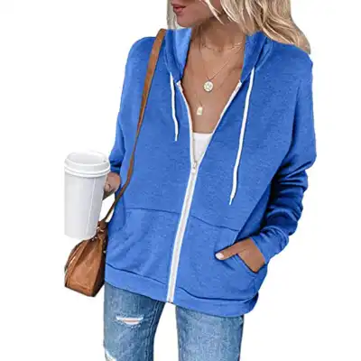S-XXL Women Casual Solid Color Zip-Up Hoodie