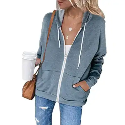 S-XXL Women Casual Solid Color Zip-Up Hoodie