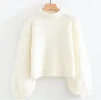 S-XXL Women Mock Neck Rib Knit Beaded Sweater Urban Leisure Pullover