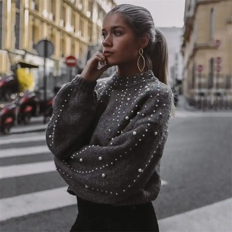 S-XXL Women Mock Neck Rib Knit Beaded Sweater Urban Leisure Pullover