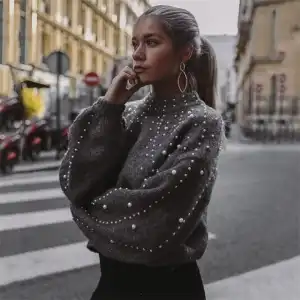 S-XXL Women Mock Neck Rib Knit Beaded Sweater Urban Leisure Pullover