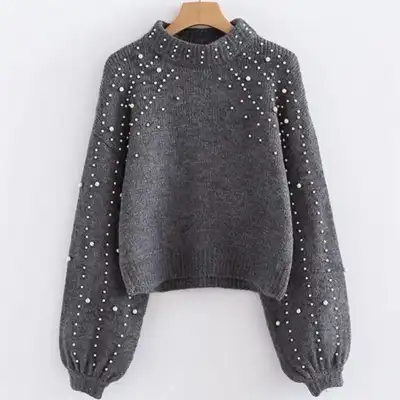 S-XXL Women Mock Neck Rib Knit Beaded Sweater Urban Leisure Pullover
