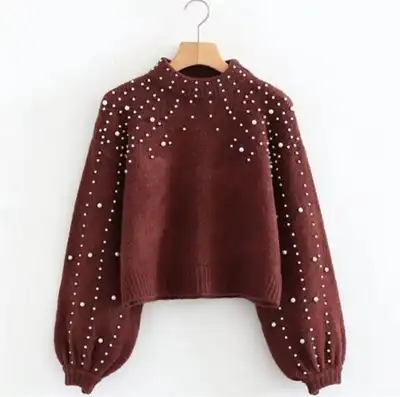 S-XXL Women Mock Neck Rib Knit Beaded Sweater Urban Leisure Pullover