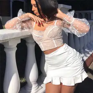 S-L Women Sexy Mesh Patchwork Dotted Crop Top Blouse