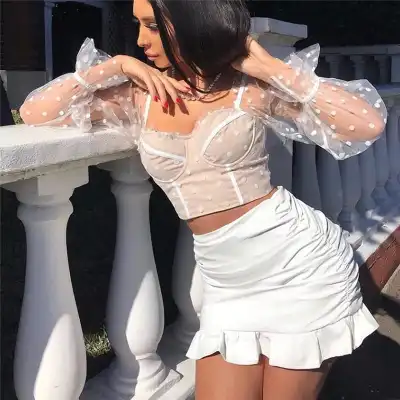 S-L Women Sexy Mesh Patchwork Dotted Crop Top Blouse
