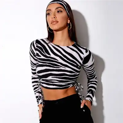 S-XL Women Fashion Zebra Print Side Drawstring Crop Top