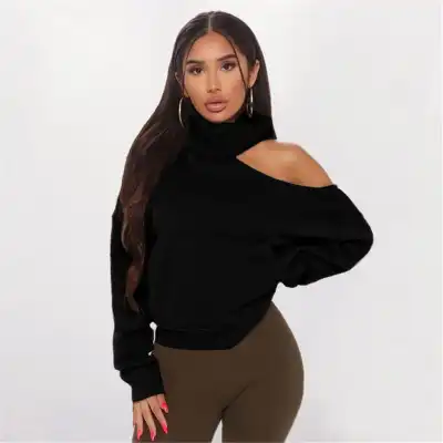S-4XL Women Sexy Cool Shoulder Rib Knit Pullover Sweatshirt