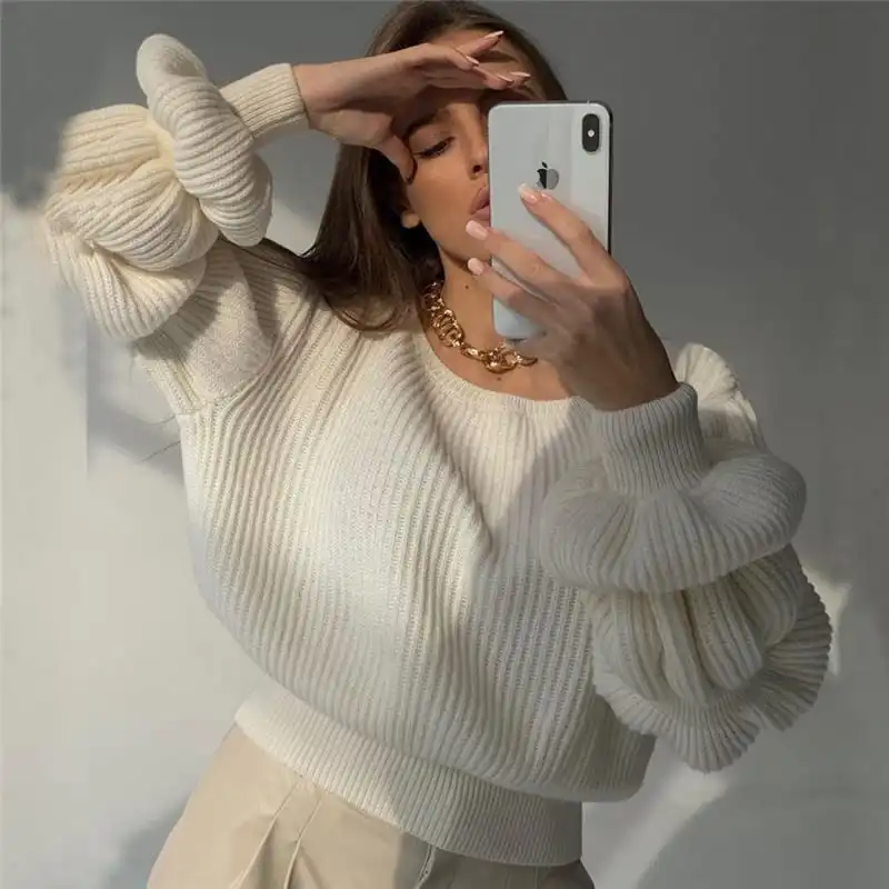 S-L Women's Fashion Turtle Neck Solid Color Bubble Sleeve Cropped Sweater