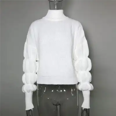 S-L Women's Fashion Turtle Neck Solid Color Bubble Sleeve Cropped Sweater
