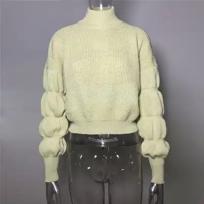 S-L Women's Fashion Turtle Neck Solid Color Bubble Sleeve Cropped Sweater